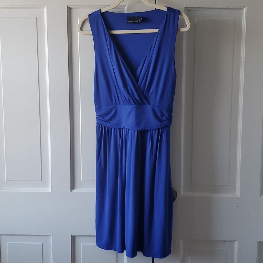 CYNTHIA ROWLEY BRIGHT BLUE KNIT WRAP DRESS SURPLICE NECK EMPIRE WAIST MINI LARGE